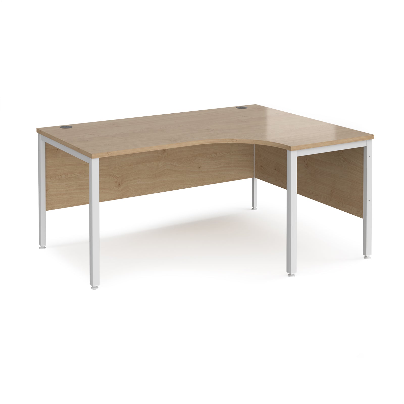 Ergonomic office desk with wood-effect top and white metal frame on a white background