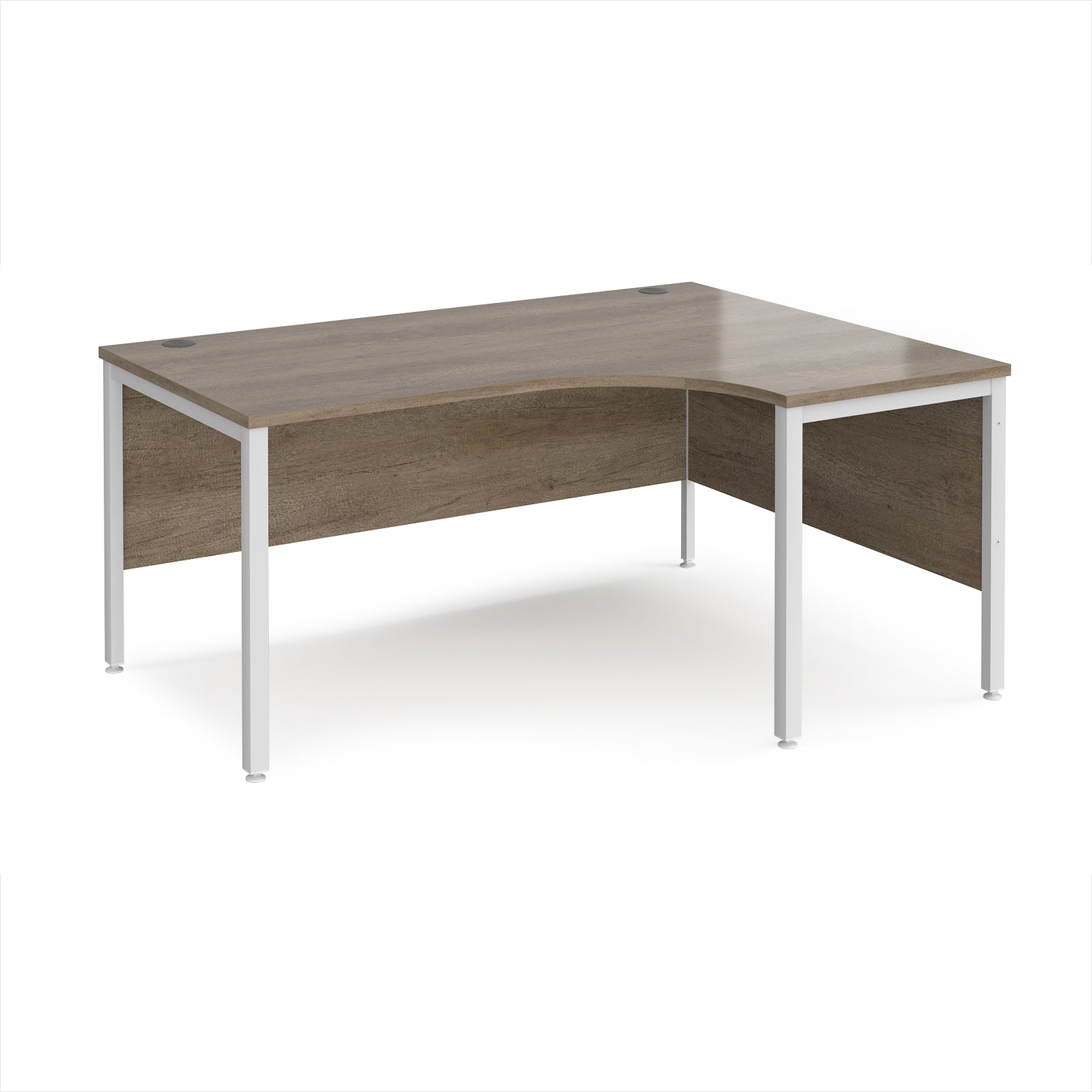 Ergonomic office desk with wood-effect top and white metal frame on a white background