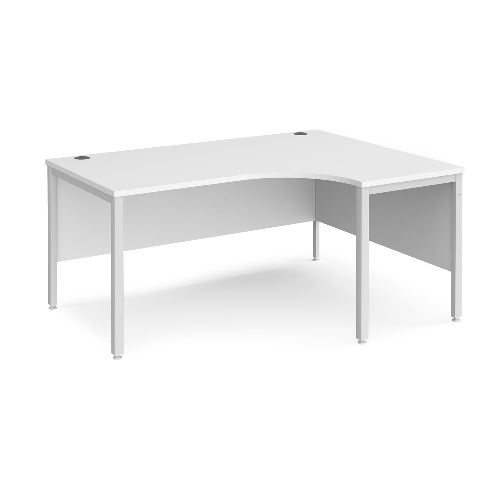 White ergonomic office desk with metal frame on a white background
