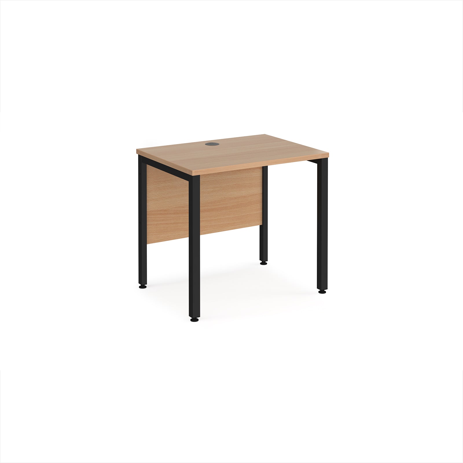 Office desk with wood-effect top and black metal frame on a white background
