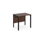 Office desk with wood-effect top and black metal frame on a white background