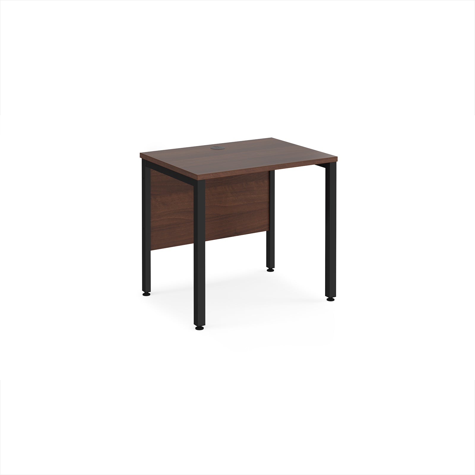 Office desk with wood-effect top and black metal frame on a white background