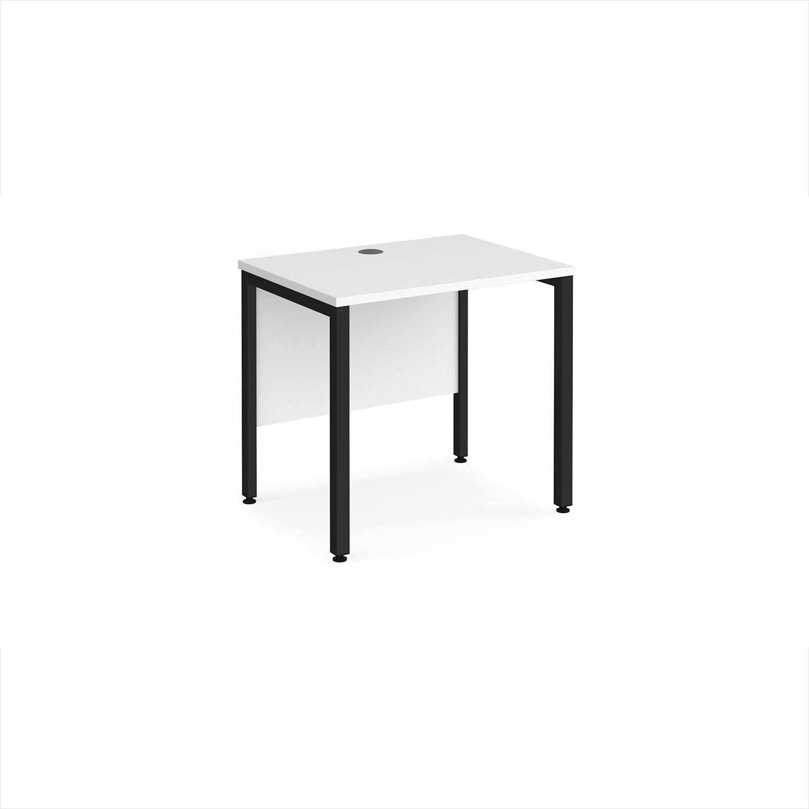 Office desk with white top and black metal frame on a white background