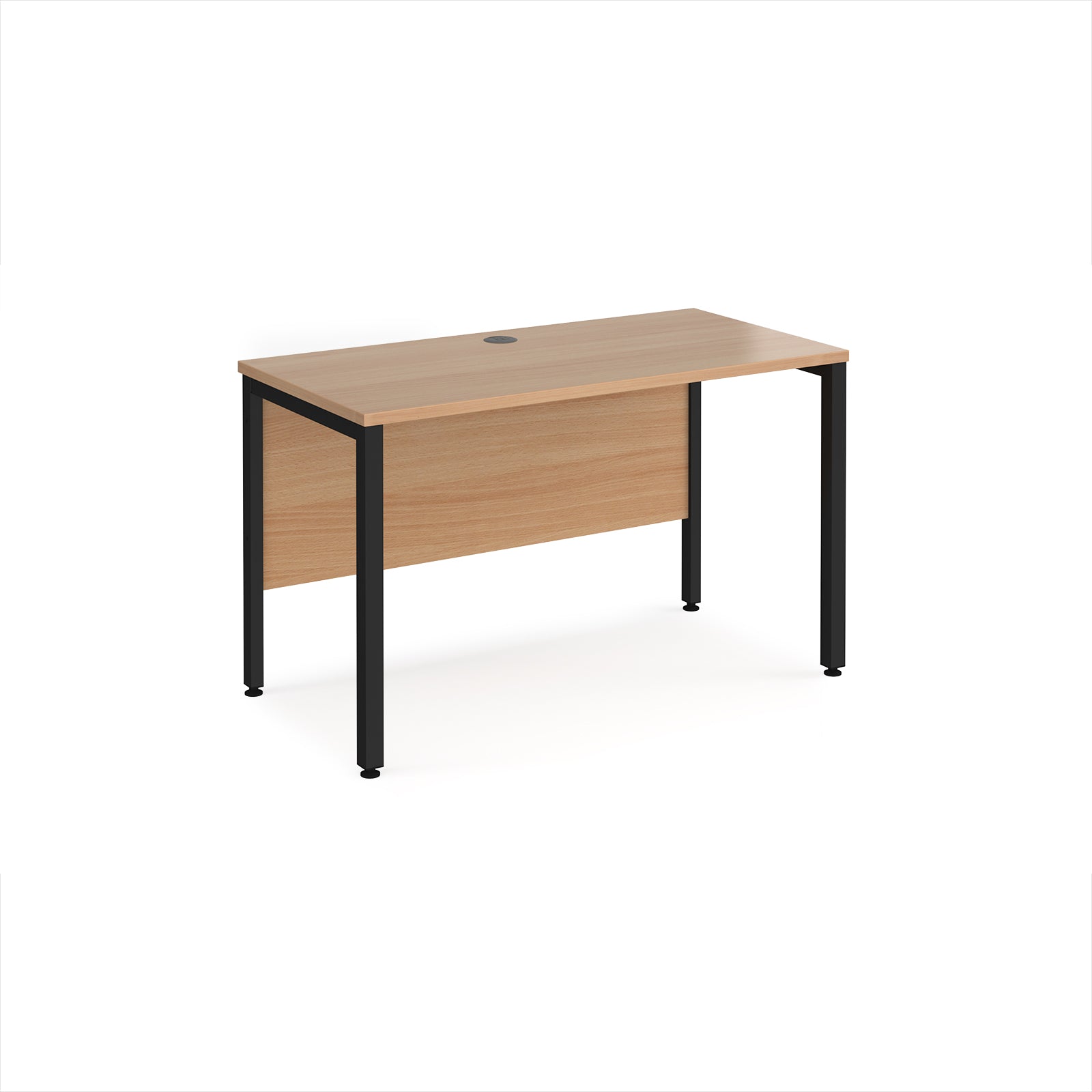Office desk with wood-effect top and black metal frame on a white background