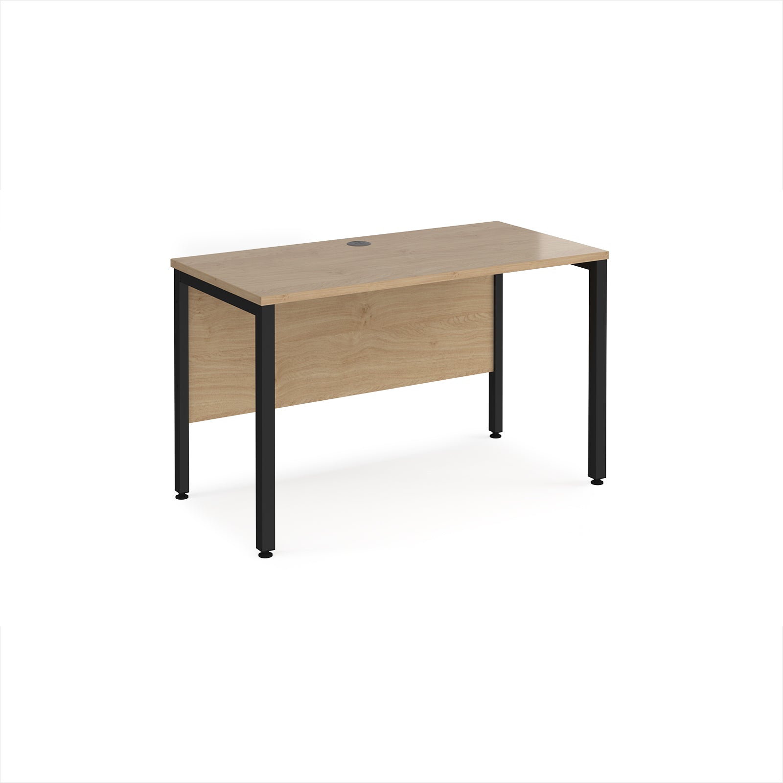 Office desk with wood-effect top and black metal frame on a white background
