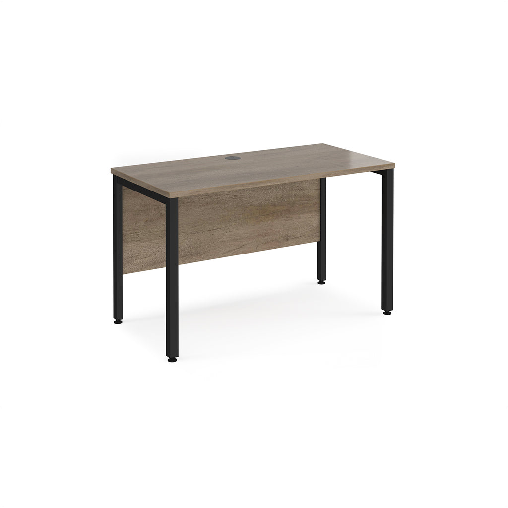 Office desk with wood-effect top and black metal frame on a white background