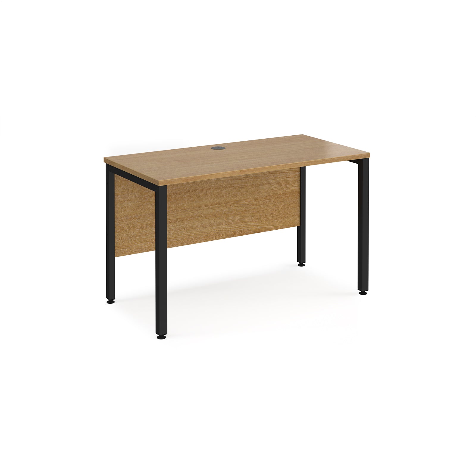 Office desk with wood-effect top and black metal frame on a white background