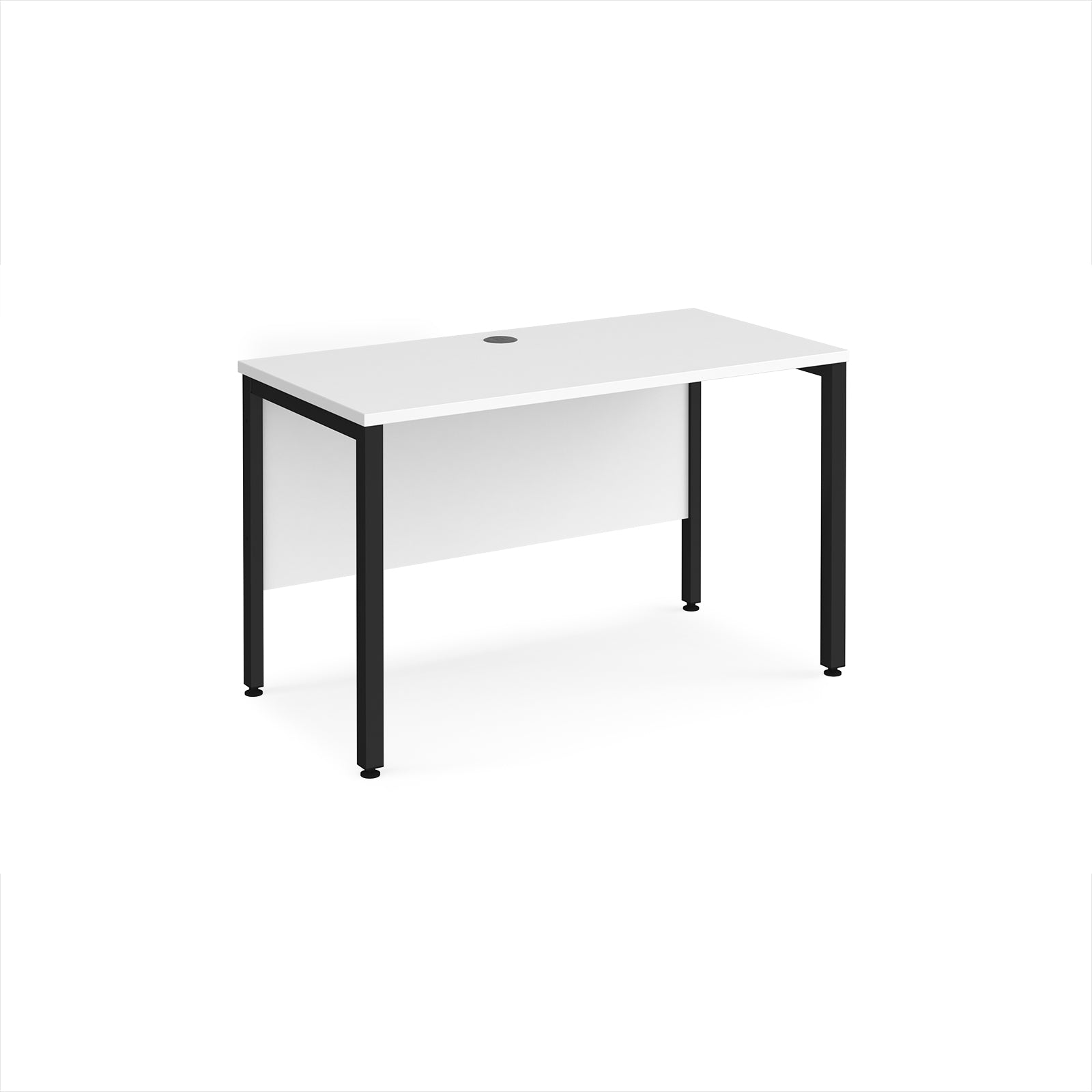 Office desk with white top and black metal frame on a white background