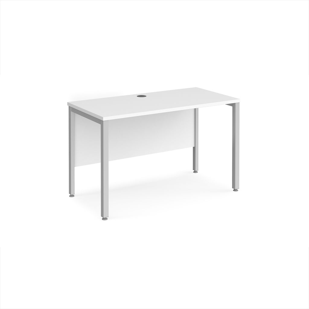 Office desk with white top and silver metal frame on a white background