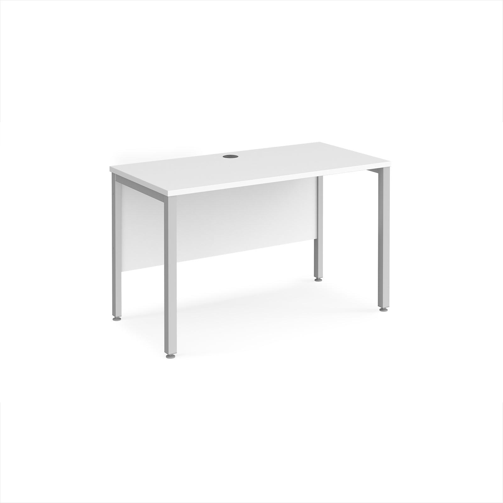 Office desk with white top and silver metal frame on a white background