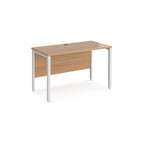 Office desk with wood-effect top and white metal frame on a white background