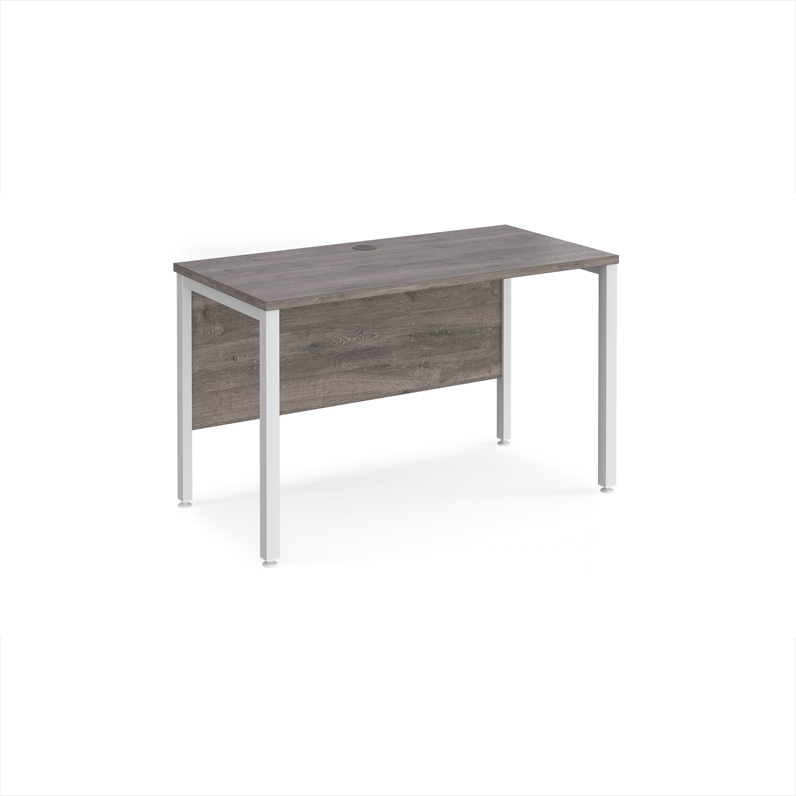 Rectangular office desk with grey wood-effect top and white metal frame on a white background