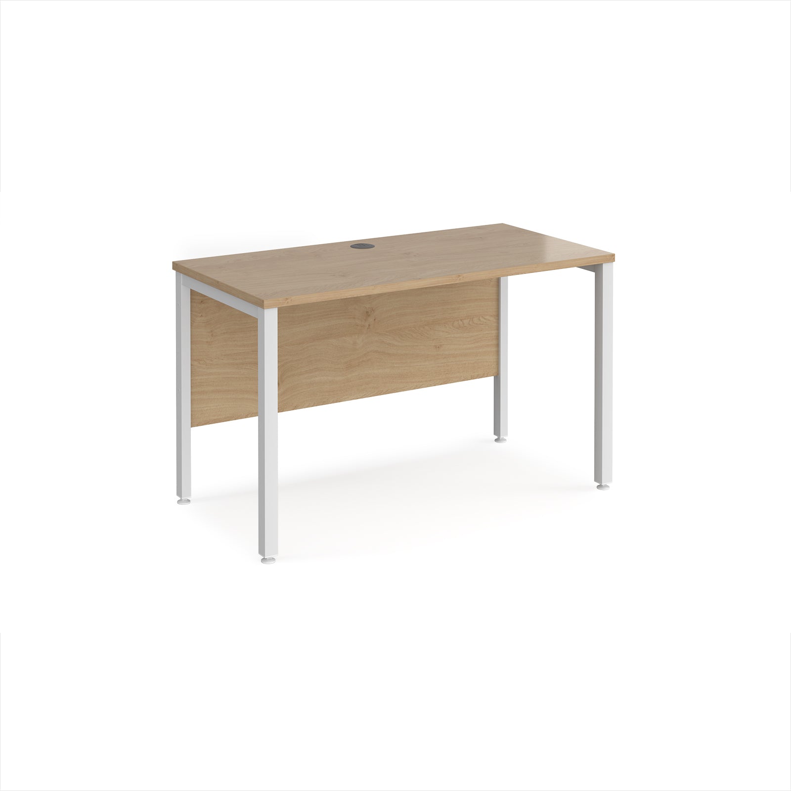 Rectangular office desk with wood-effect top and white metal frame on a white background