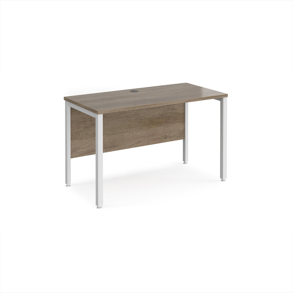 Rectangular office desk with wood-effect top and white metal frame on a white background