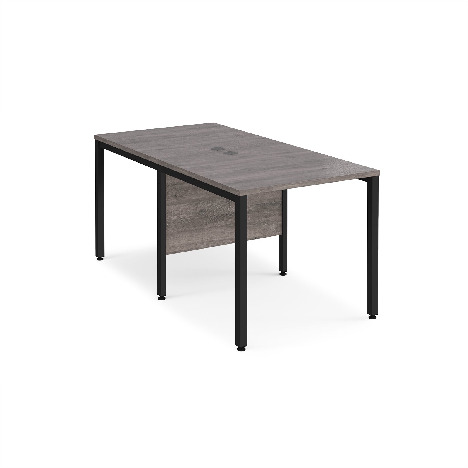 Back-to-back office desk with grey wood-effect top and black metal frame on a white background