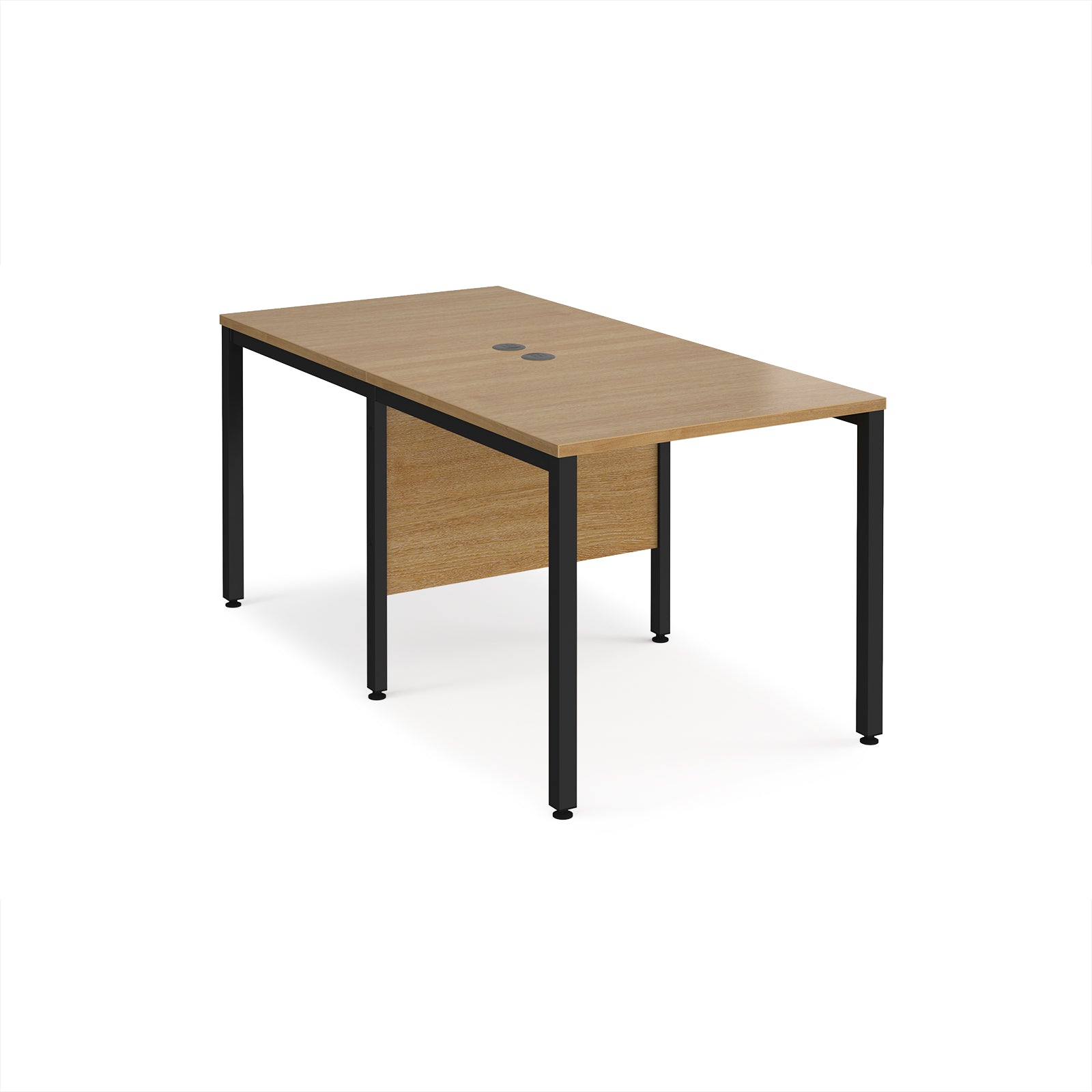 Back-to-back office desk with wood-effect top and black metal frame on a white background