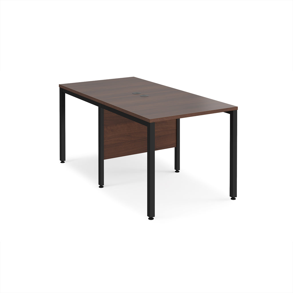 Back-to-back office desk with wood-effect top and black metal frame on a white background