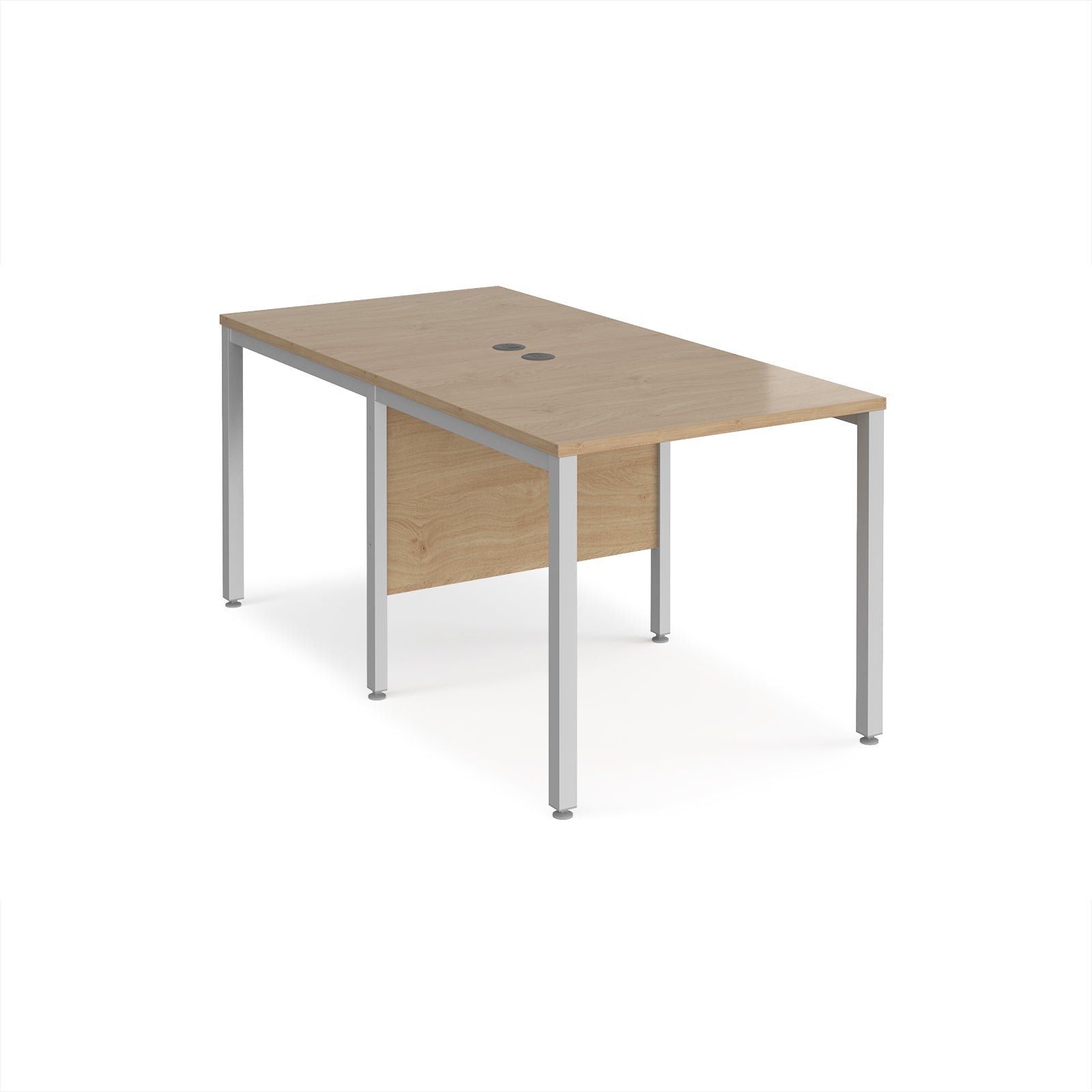 Back-to-back office desk with wood-effect top and silver metal frame on a white background