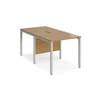 Back-to-back office desk with wood-effect top and silver metal frame on a white background