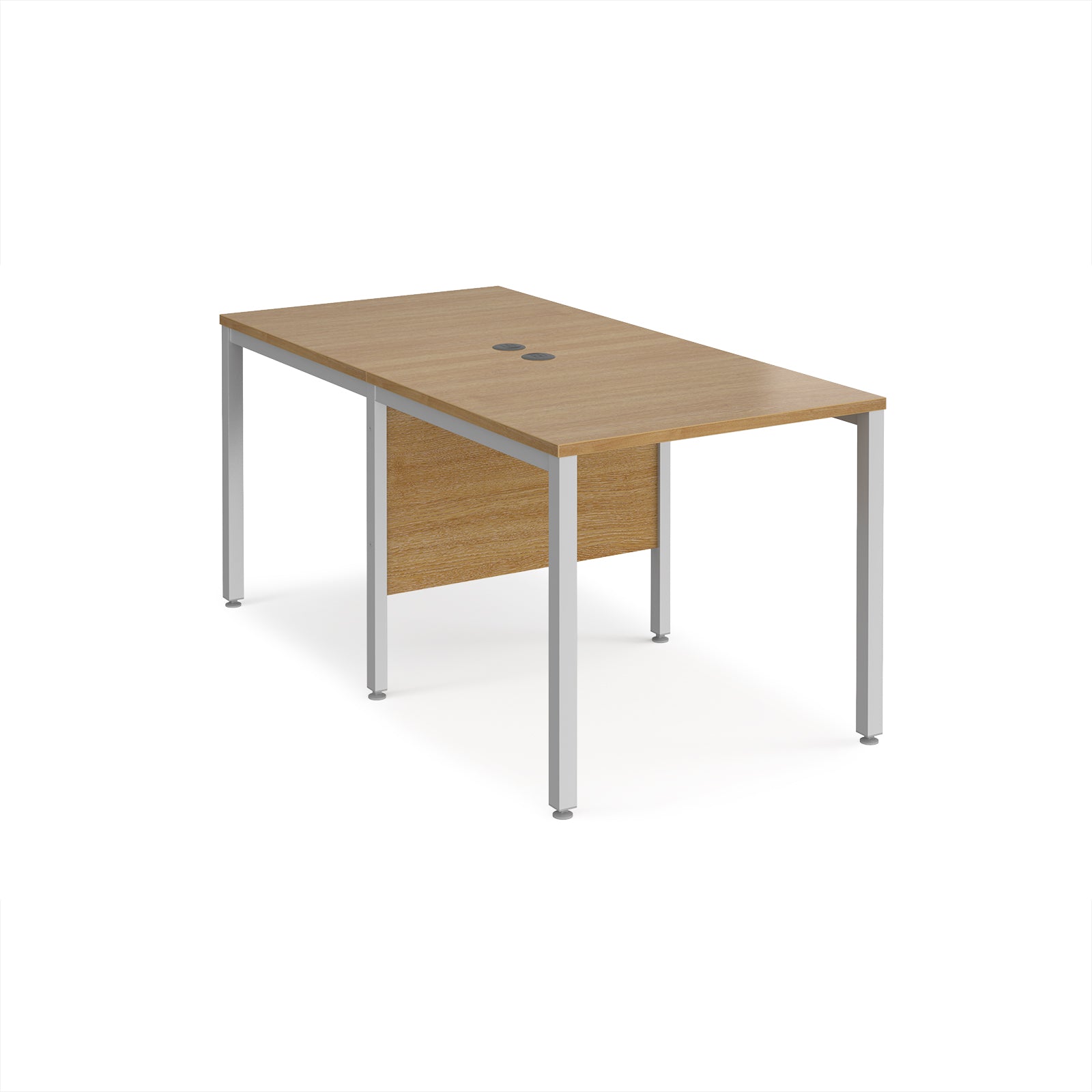 Back-to-back office desk with wood-effect top and silver metal frame on a white background