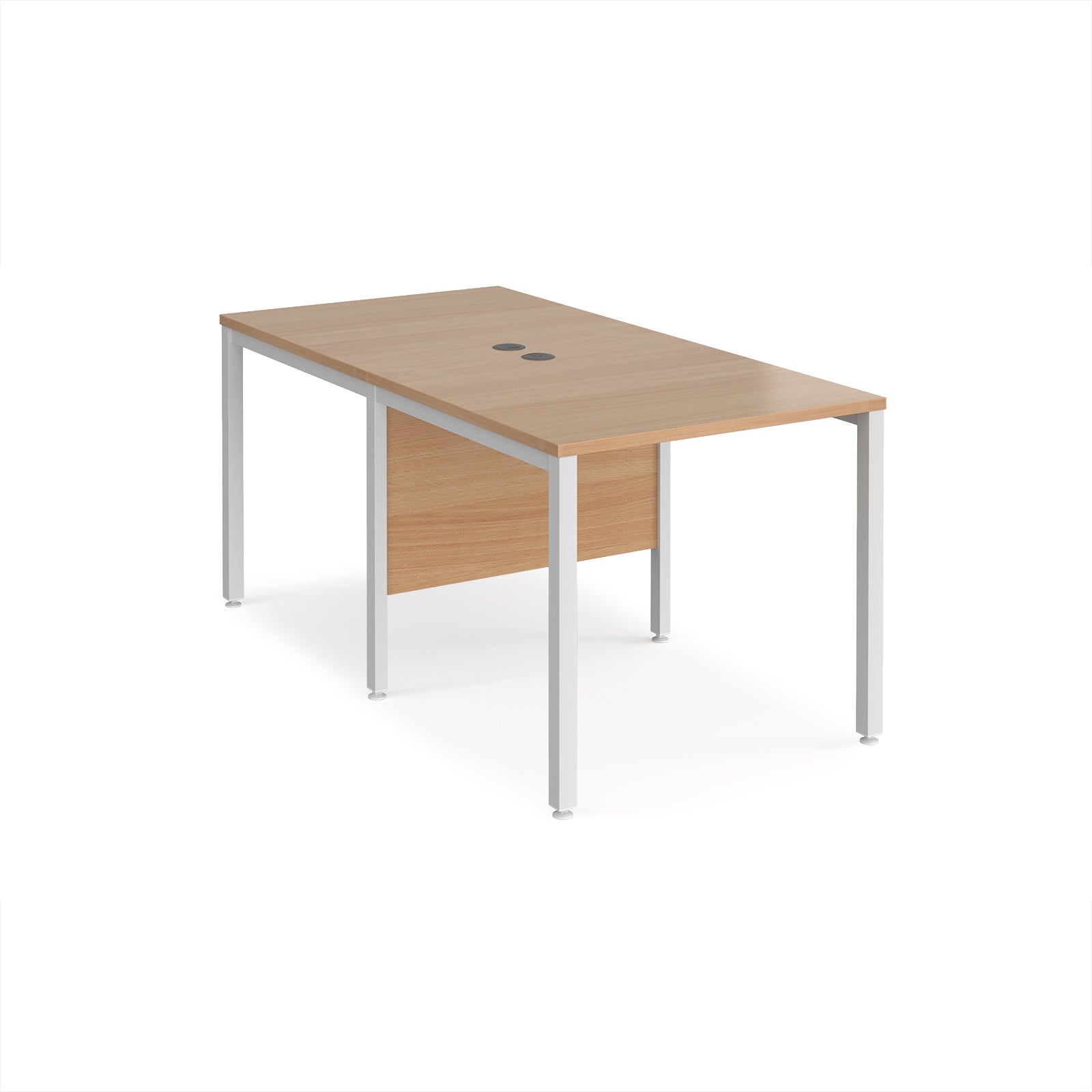 Back-to-back office desk with wood-effect top and white metal frame on a white background