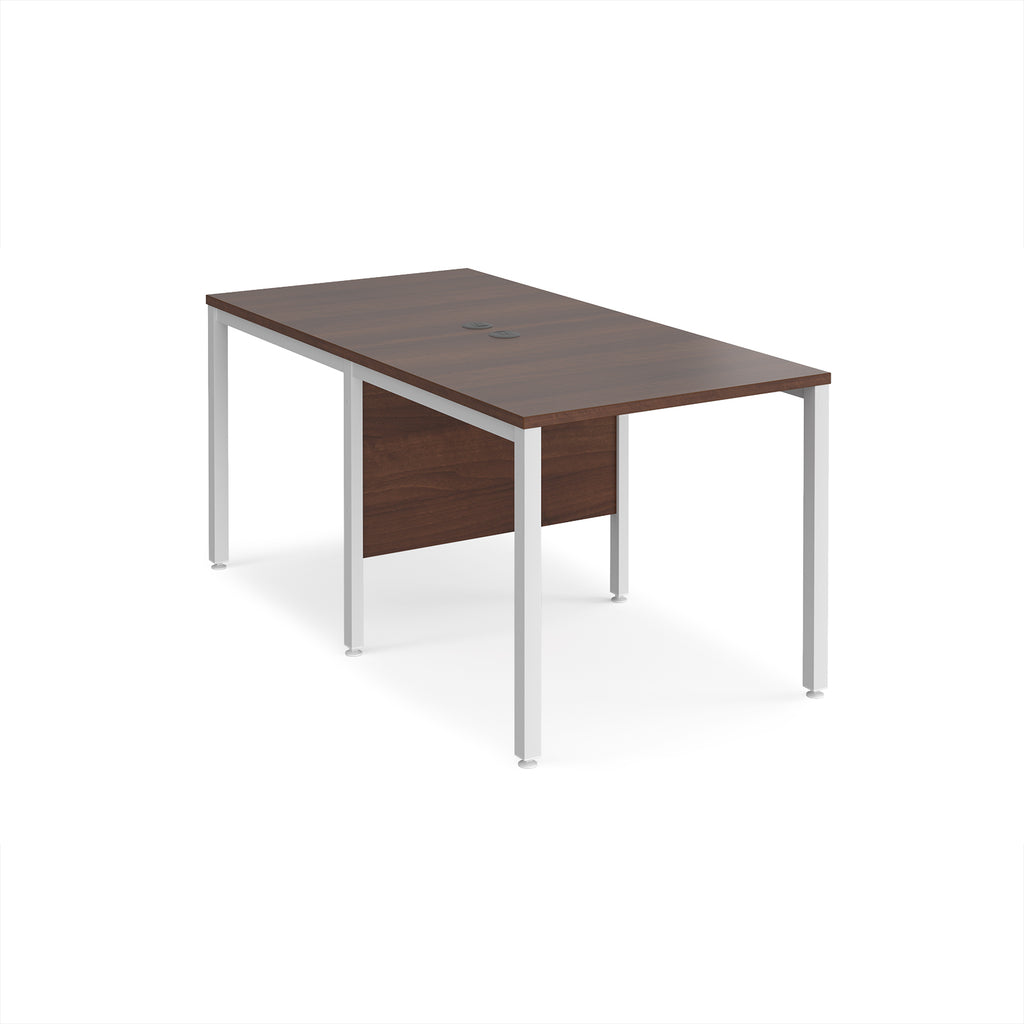 Back-to-back office desk with wood-effect top and white metal frame on a white background