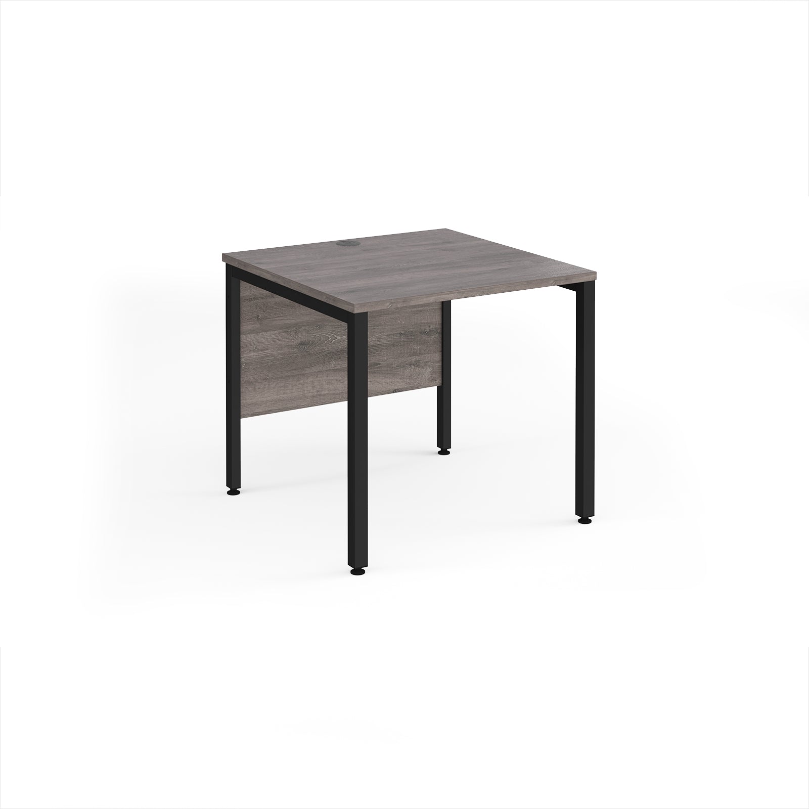 Rectangular desk with grey wood-effect top and black metal legs on a white background