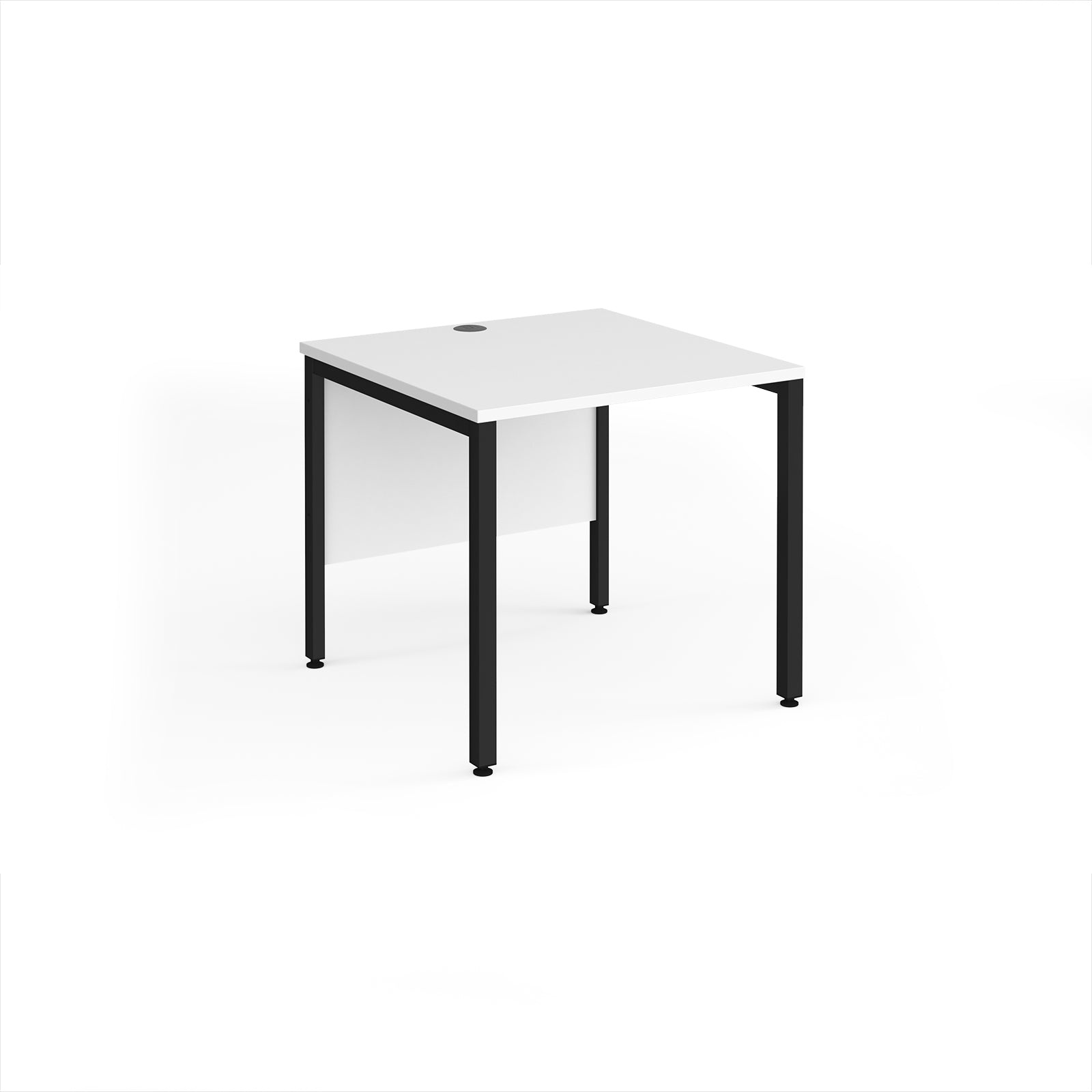 Rectangular desk with white top and black metal legs on a white background