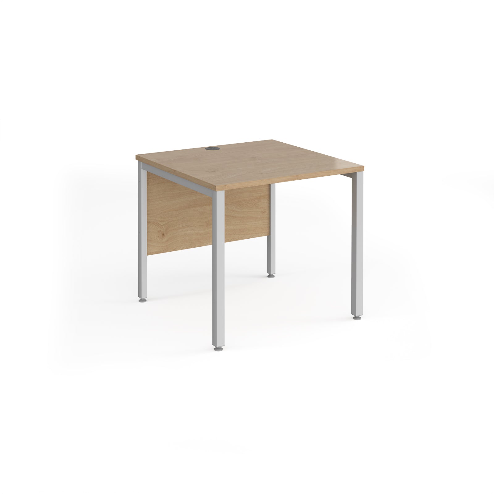 Rectangular desk with wood-effect top and silver metal legs on a white background