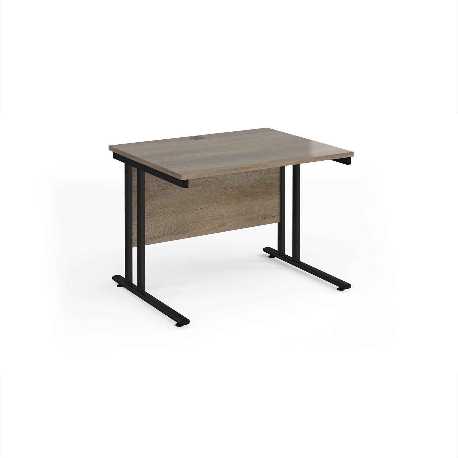 Wooden desk with black metal legs on a white background