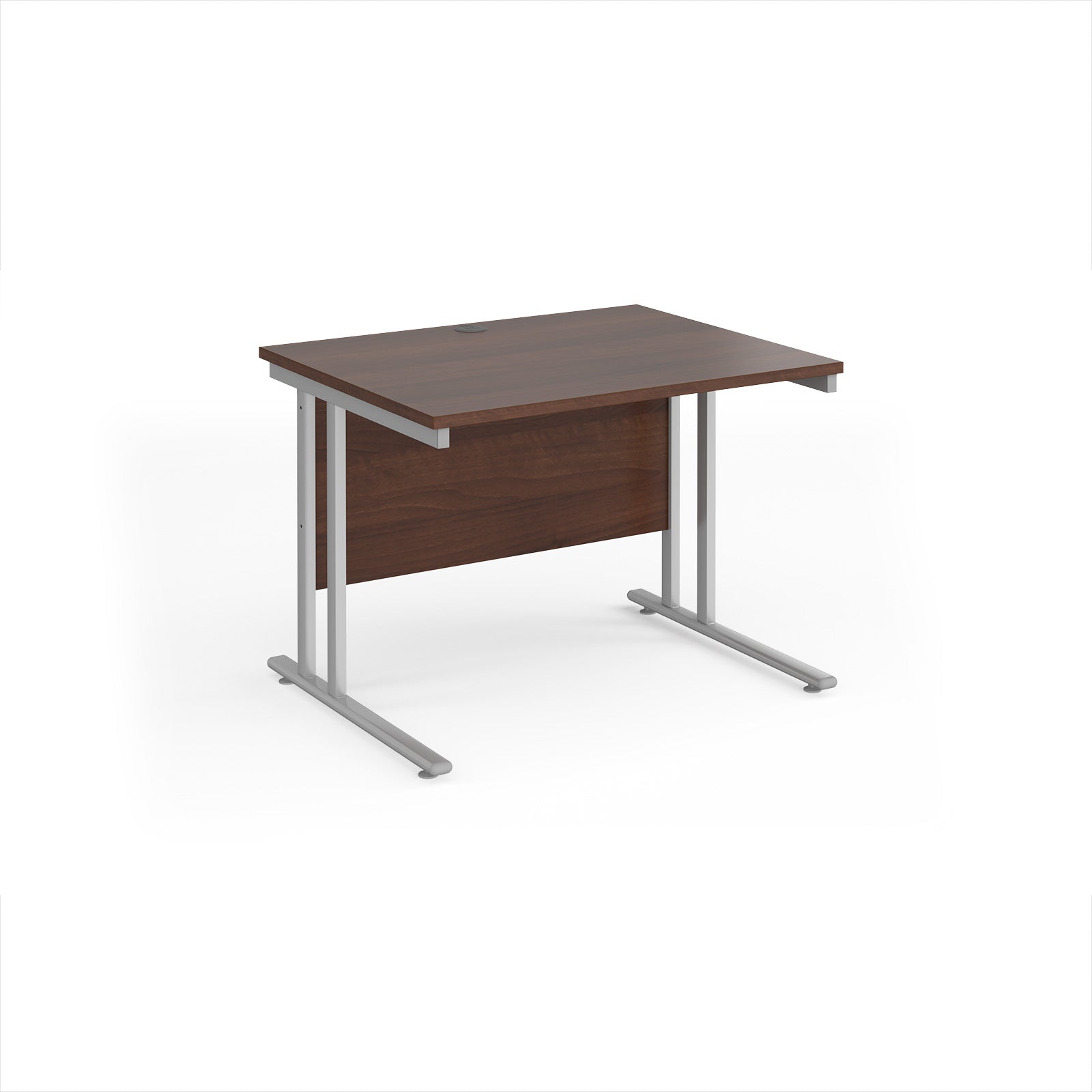 Wooden desk with silver metal legs on a white background