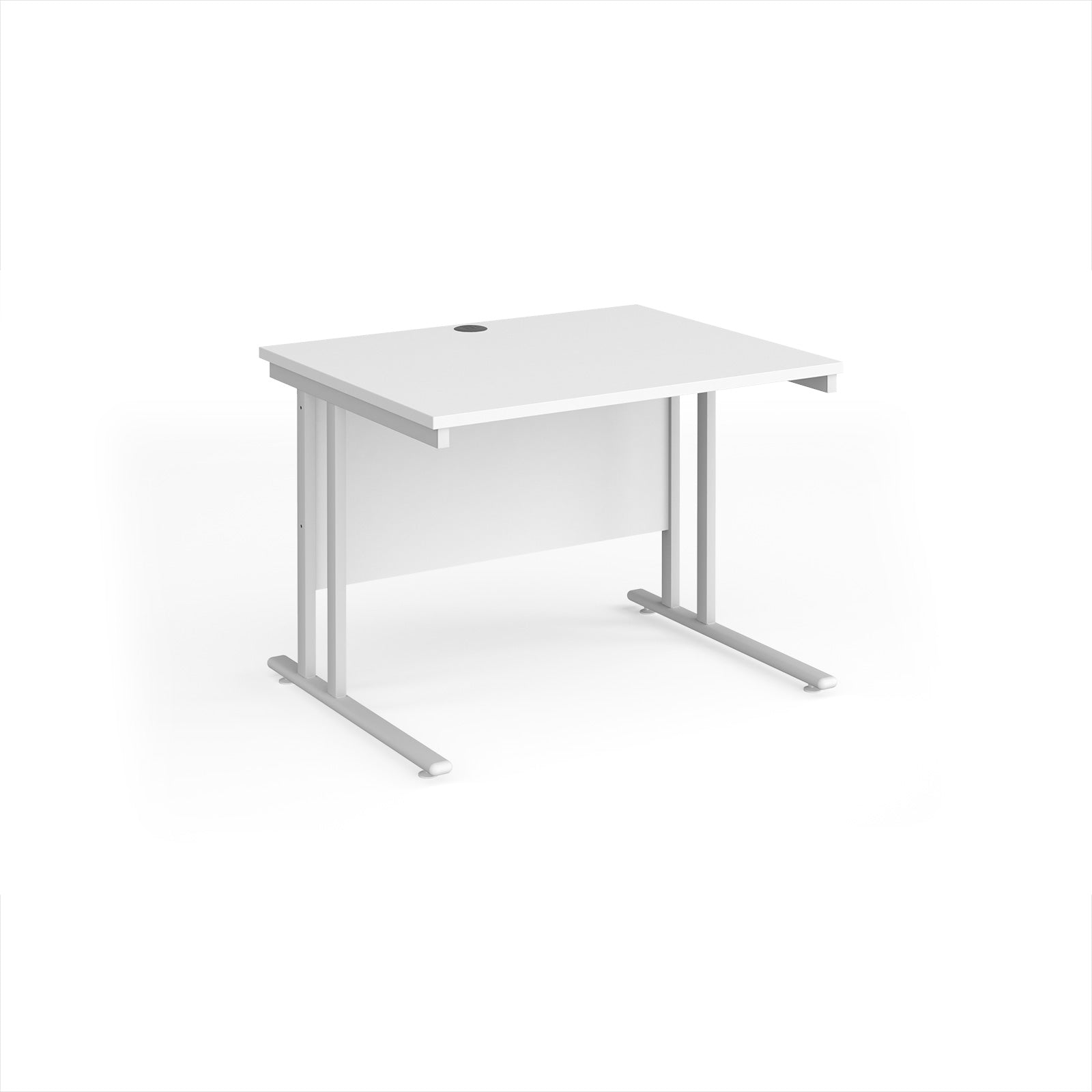 White office desk with white metal legs on a white background