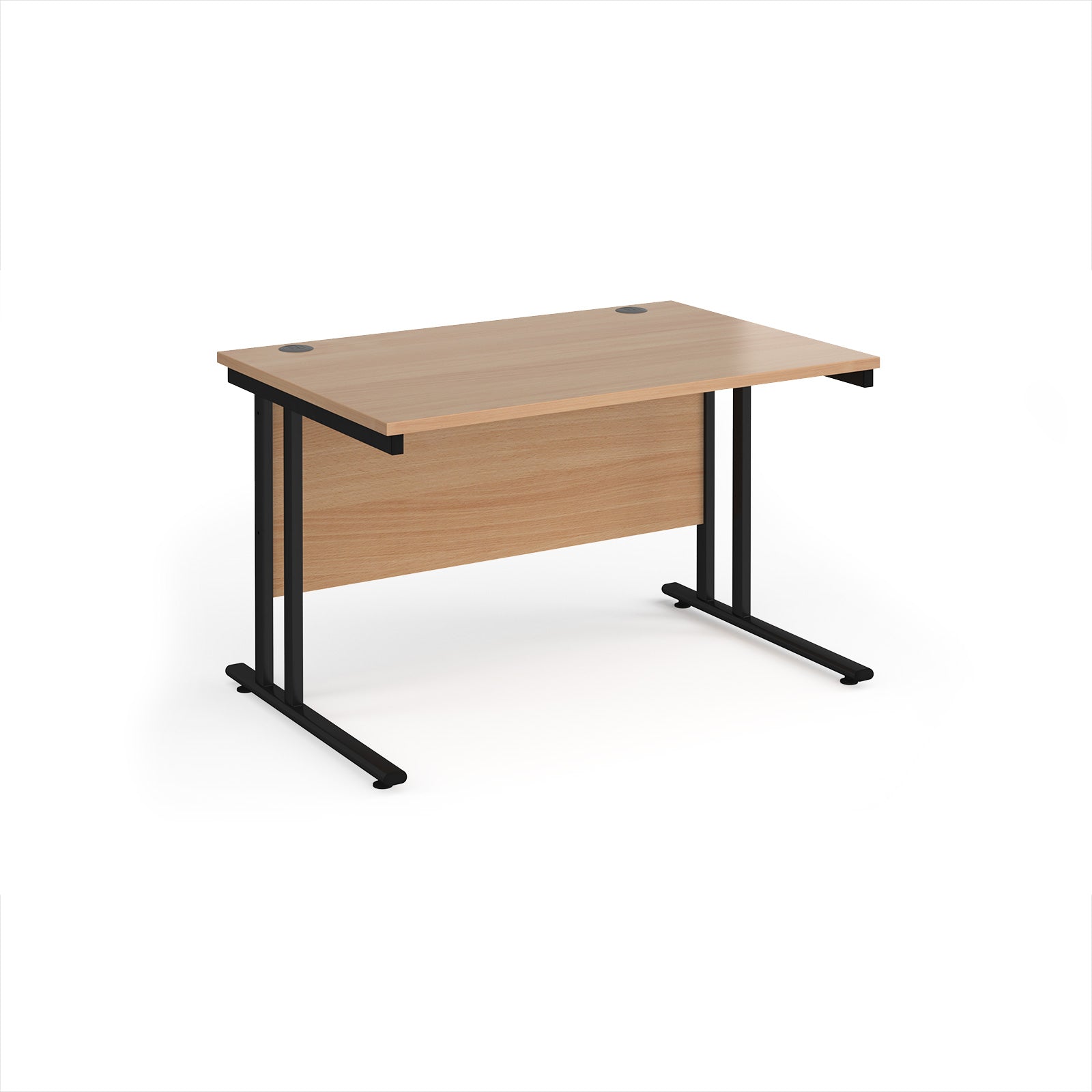 Wooden desk with black metal legs on a white background