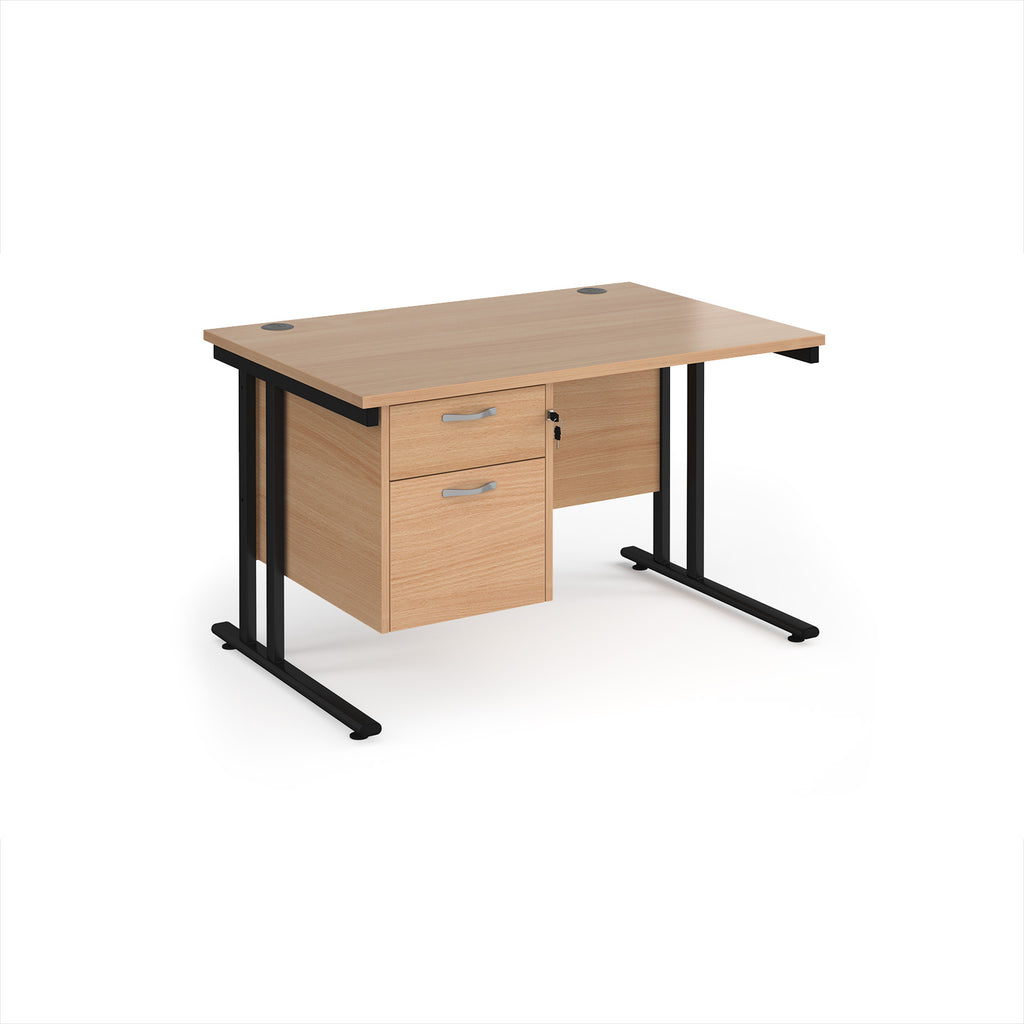 Wooden office desk with black metal legs and fixed pedestal on a white background