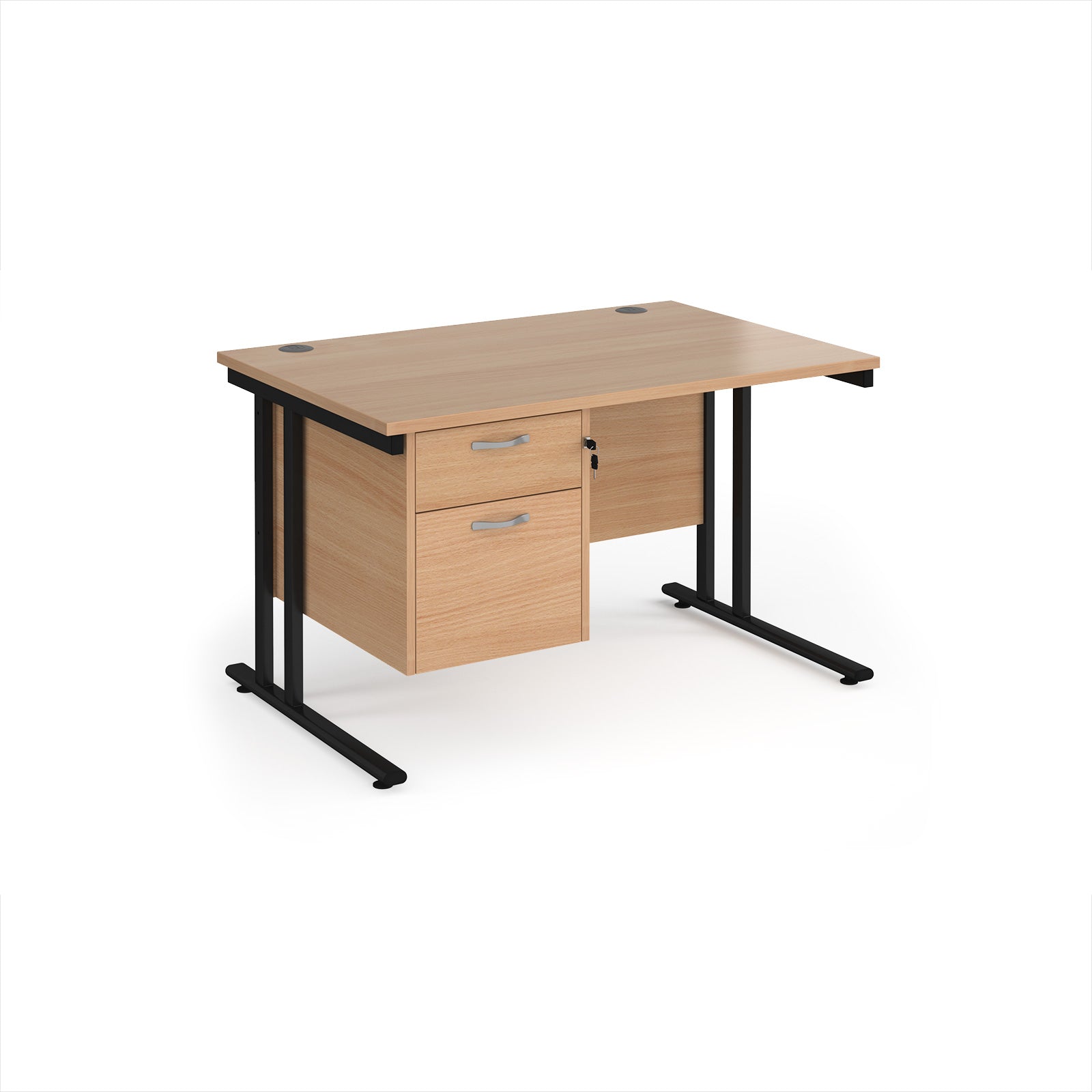 Wooden office desk with black metal legs and fixed pedestal on a white background