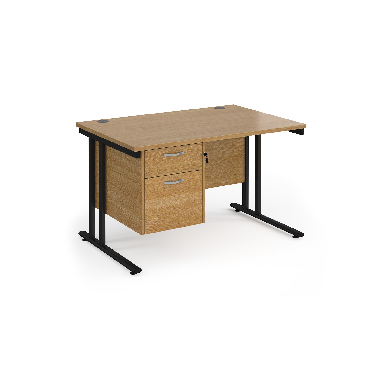 Wooden desk with black metal legs and fixed pedestal on a white background