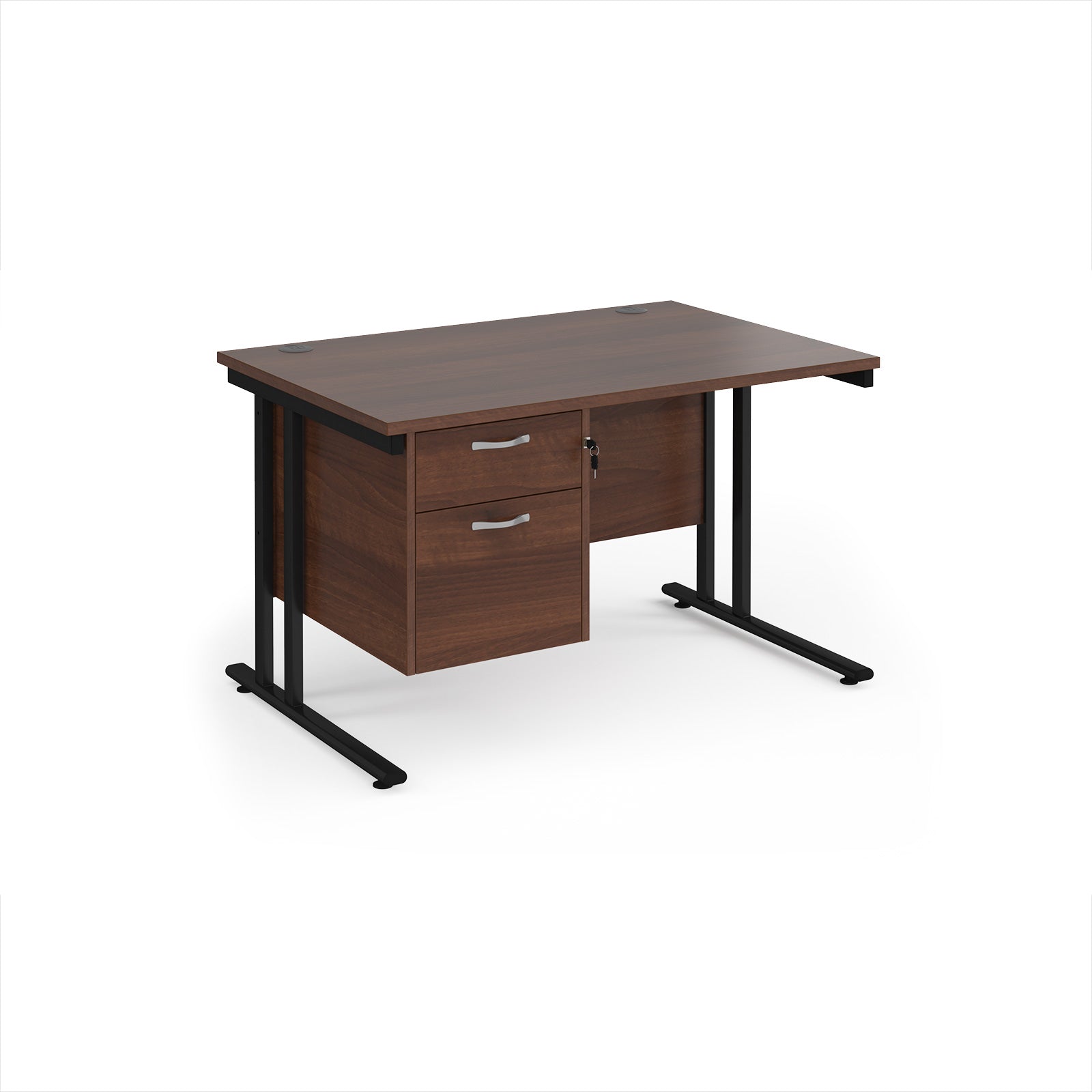 Wooden office desk with black legs and two drawers on a white background