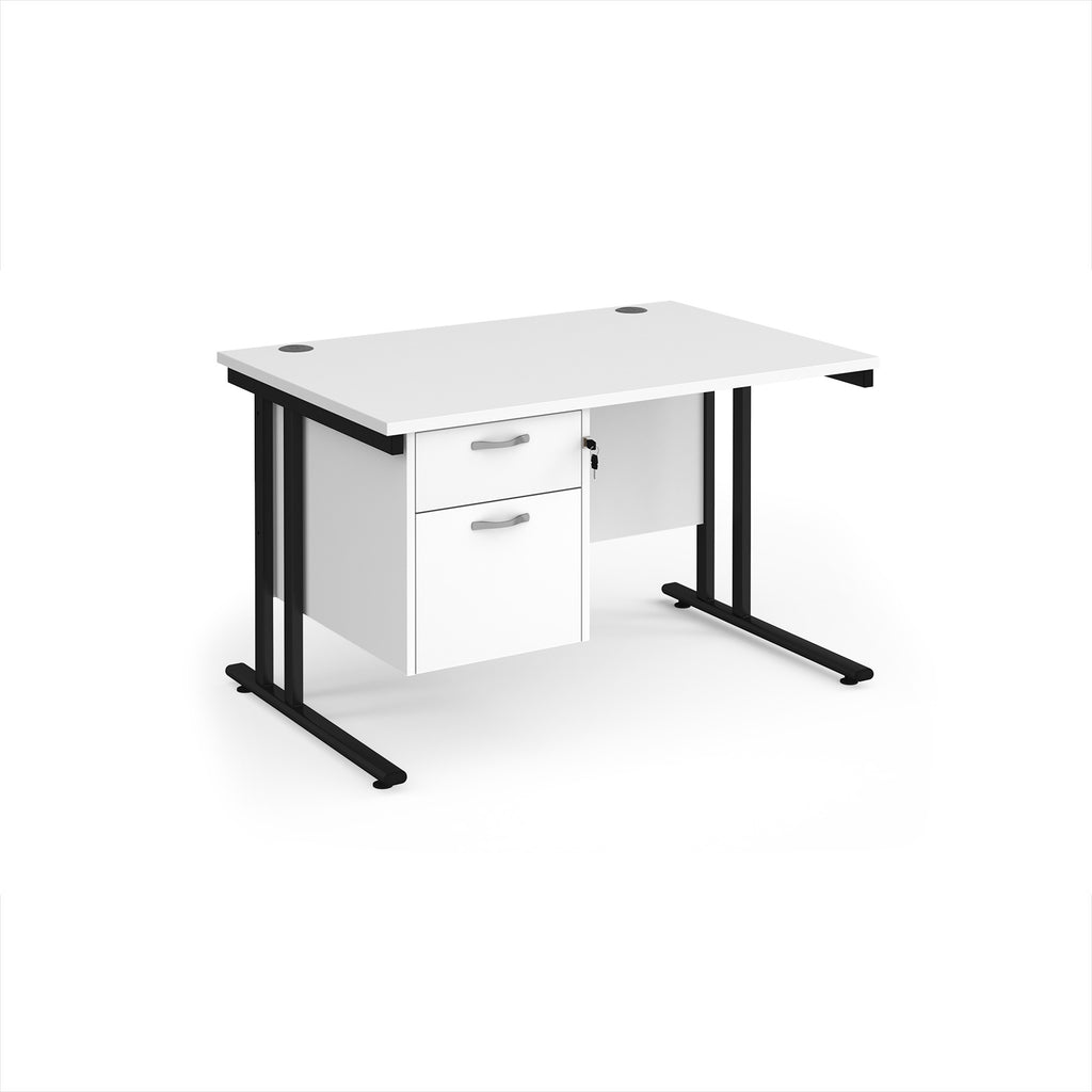 White office desk with black legs and fixed pedestal on a white background
