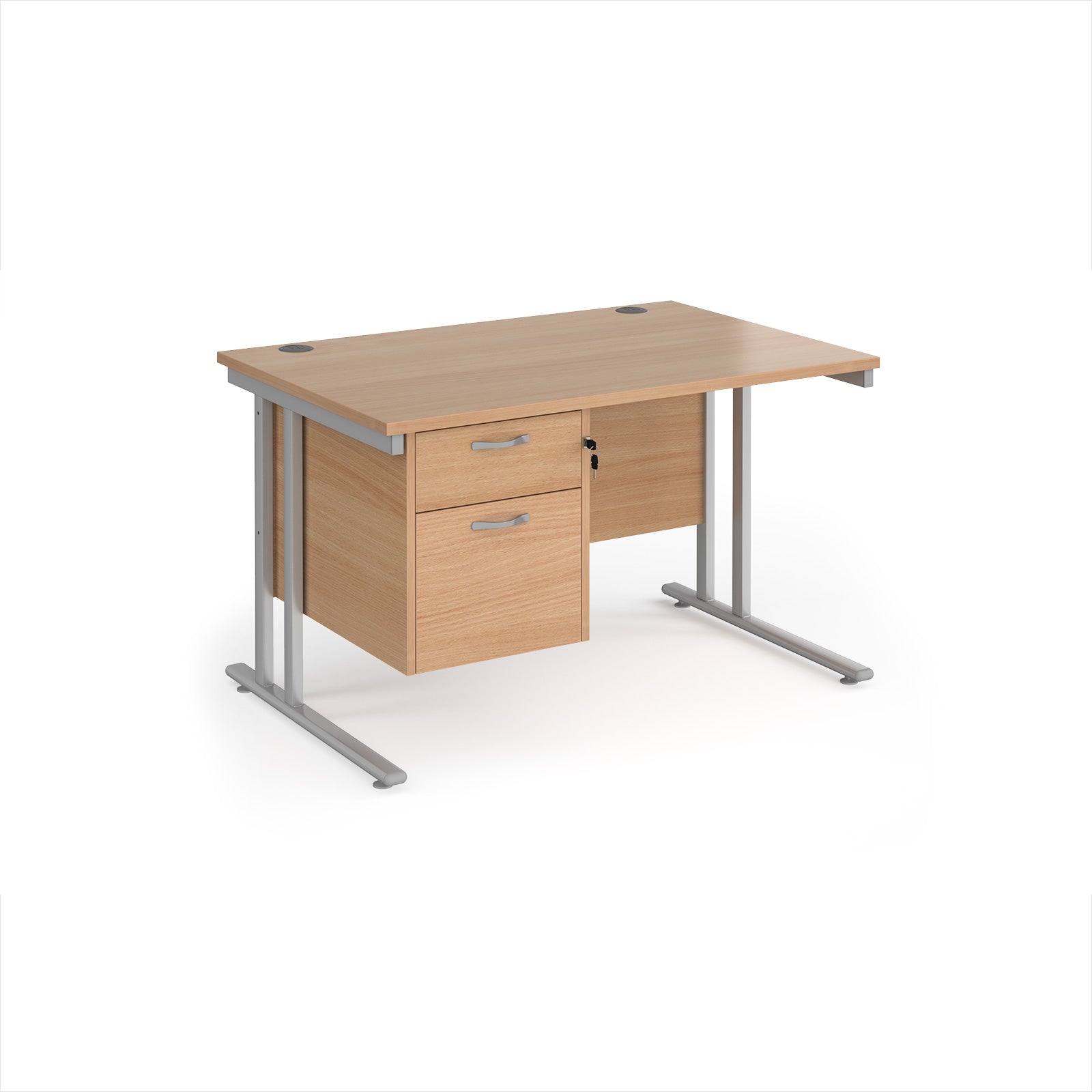 Wooden office desk with silver metal legs and fixed pedestal on a white background
