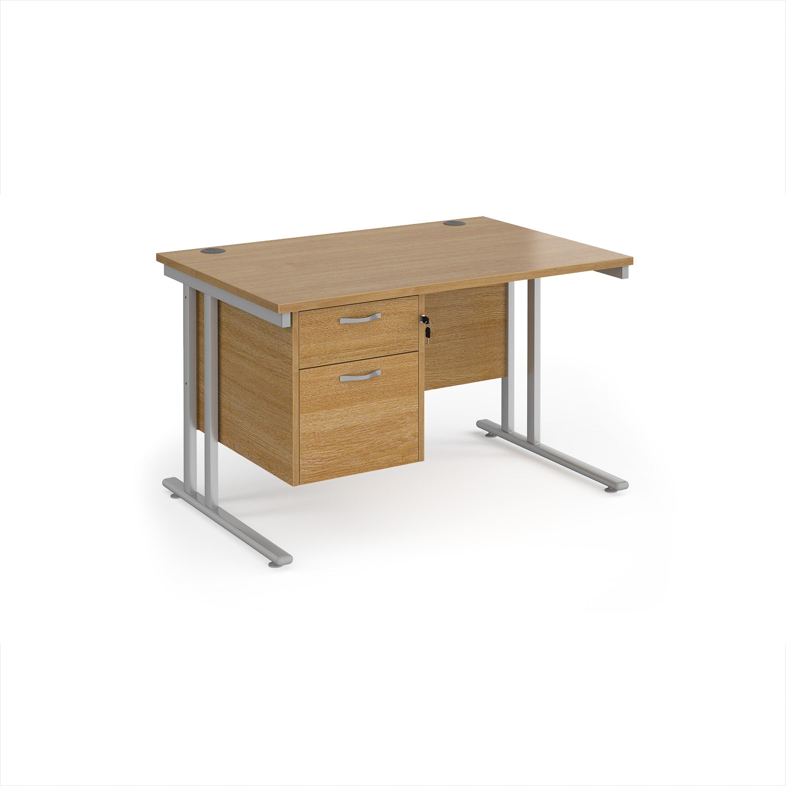 Wooden office desk with silver metal legs and two drawers on a white background