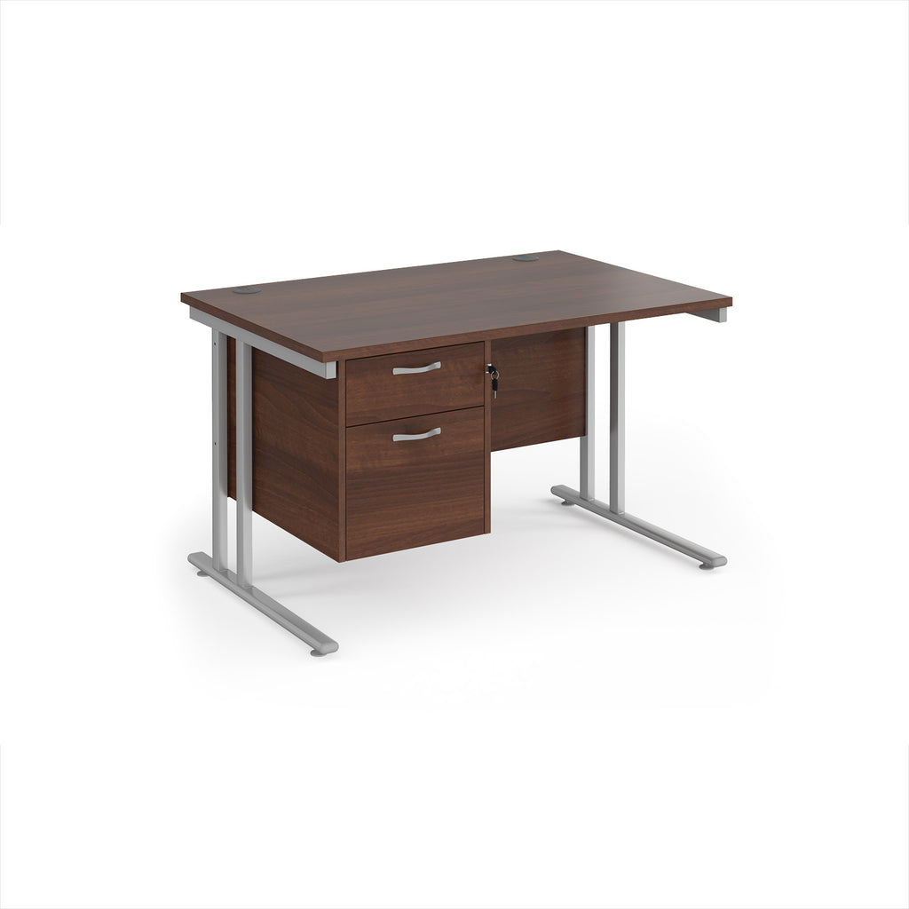 Wooden desk with silver legs and fixed pedestal on a white background