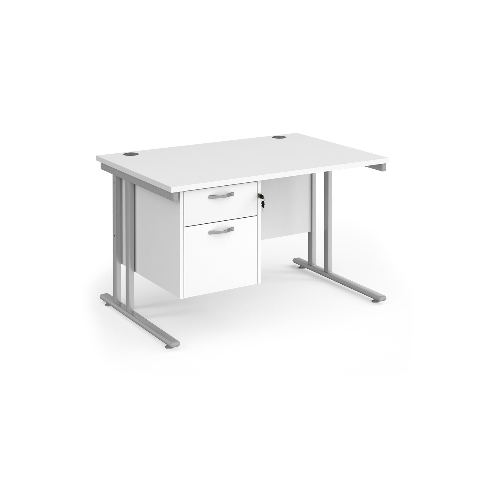 White office desk with silver legs and two drawers on a white background