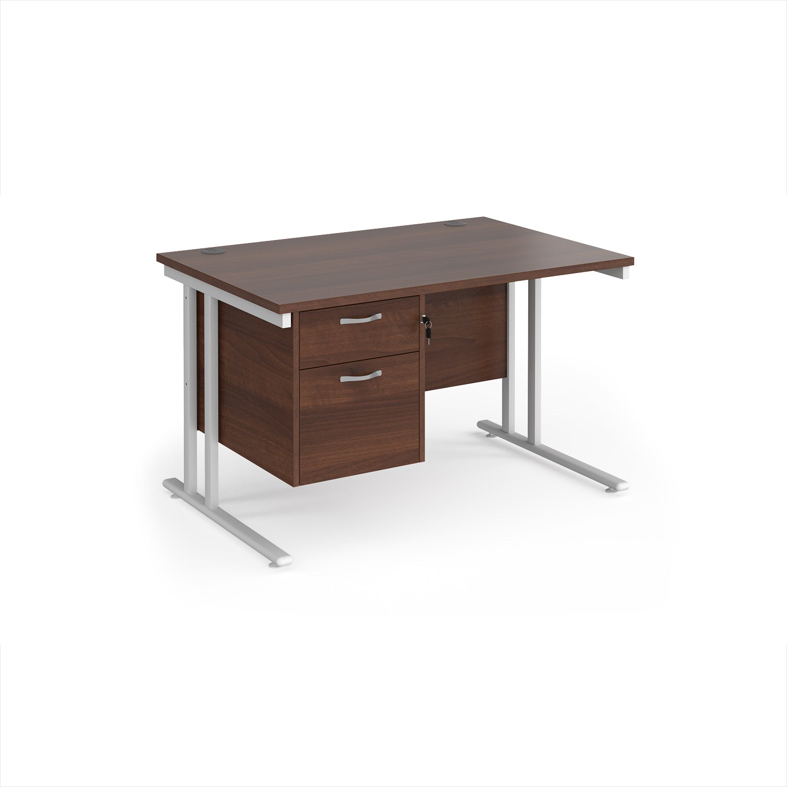 Wooden office desk with silver metal legs and fixed pedestal on a white background
