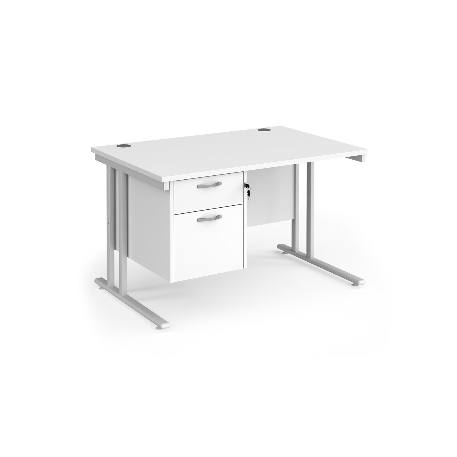 White office desk with silver legs and fixed pedestal on a white background