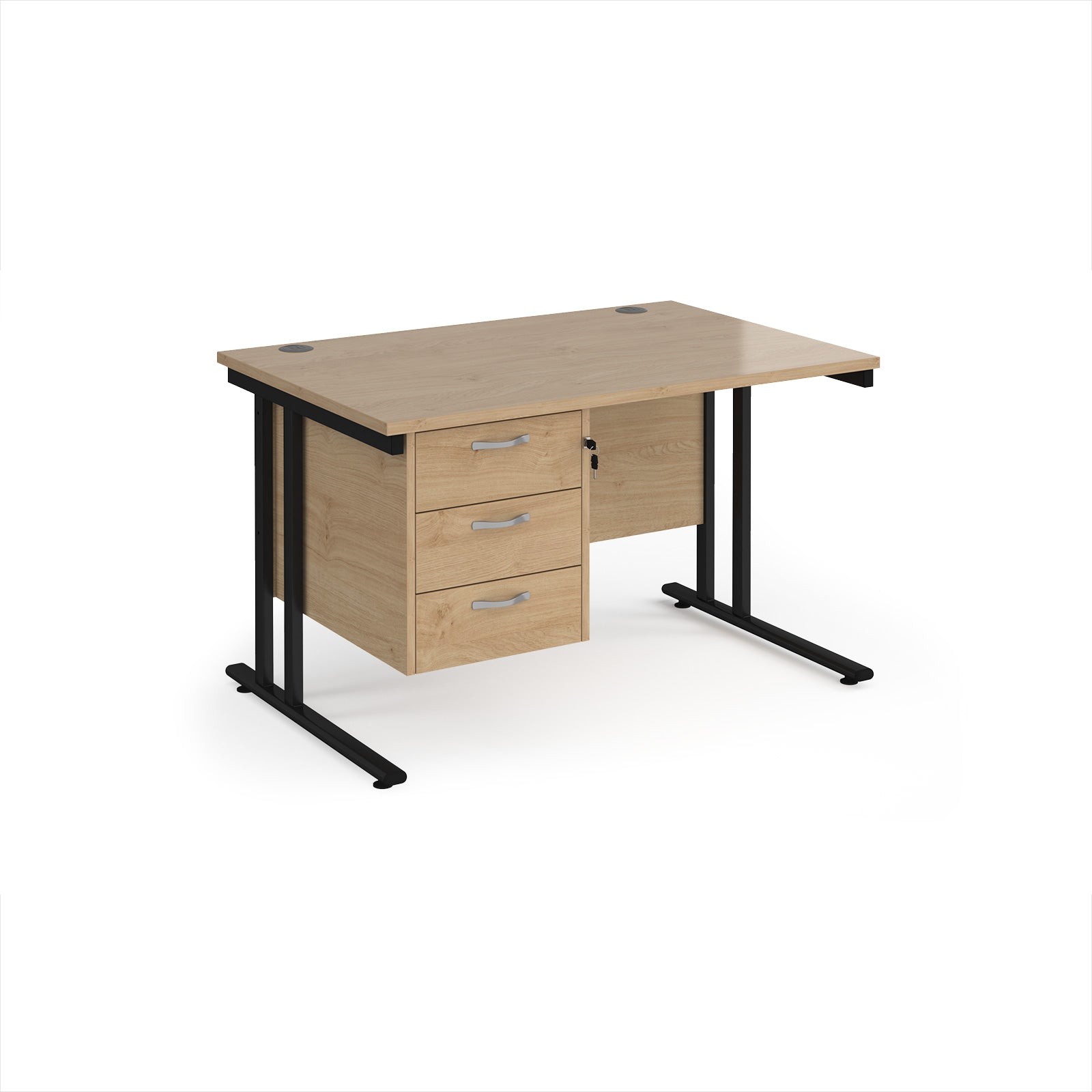 Wooden desk with black metal legs and fixed pedestal on a white background