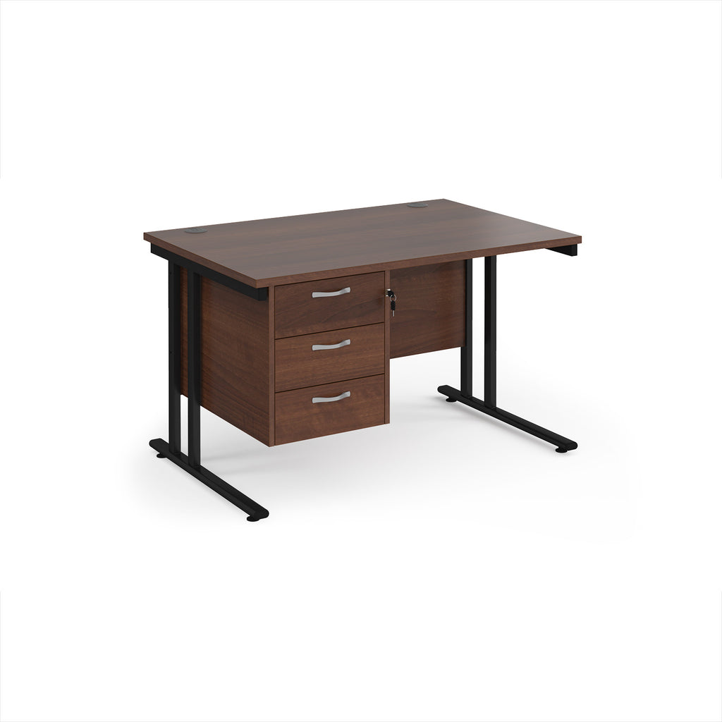 Wooden desk with black legs and fixed pedestal on a white background