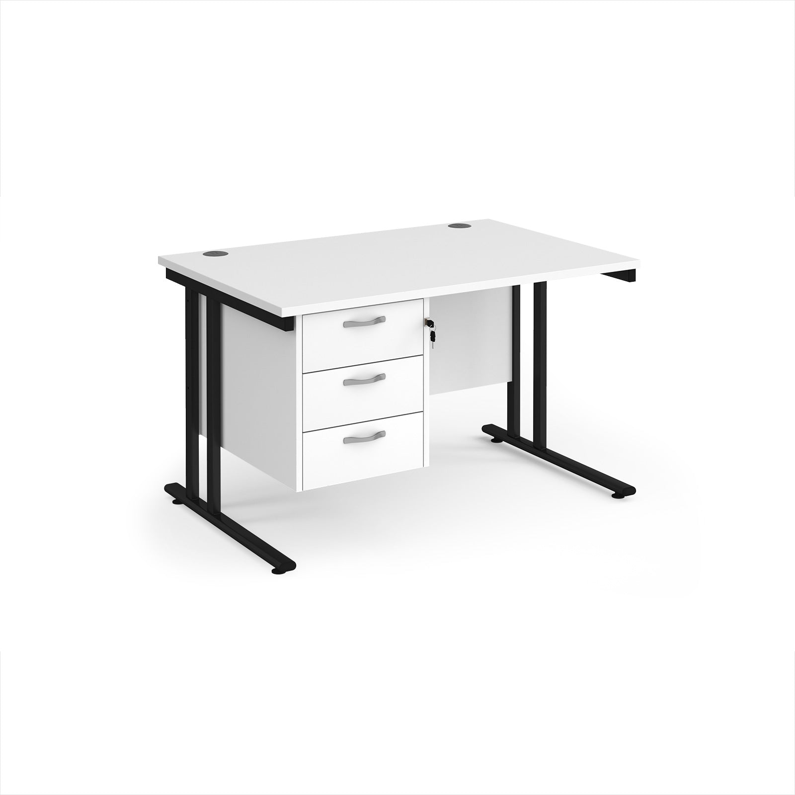 White office desk with black legs and fixed pedestal on a white background