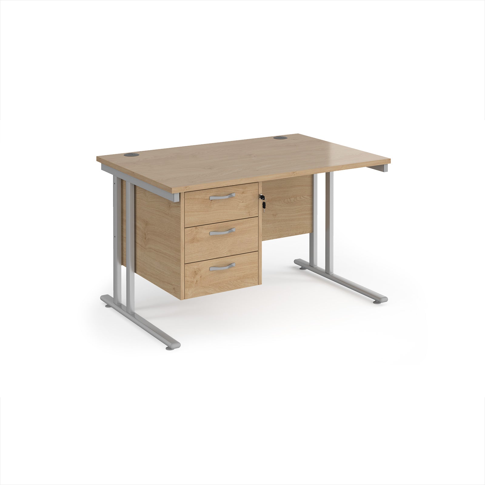 Wooden office desk with silver metal legs and three drawers on a white background