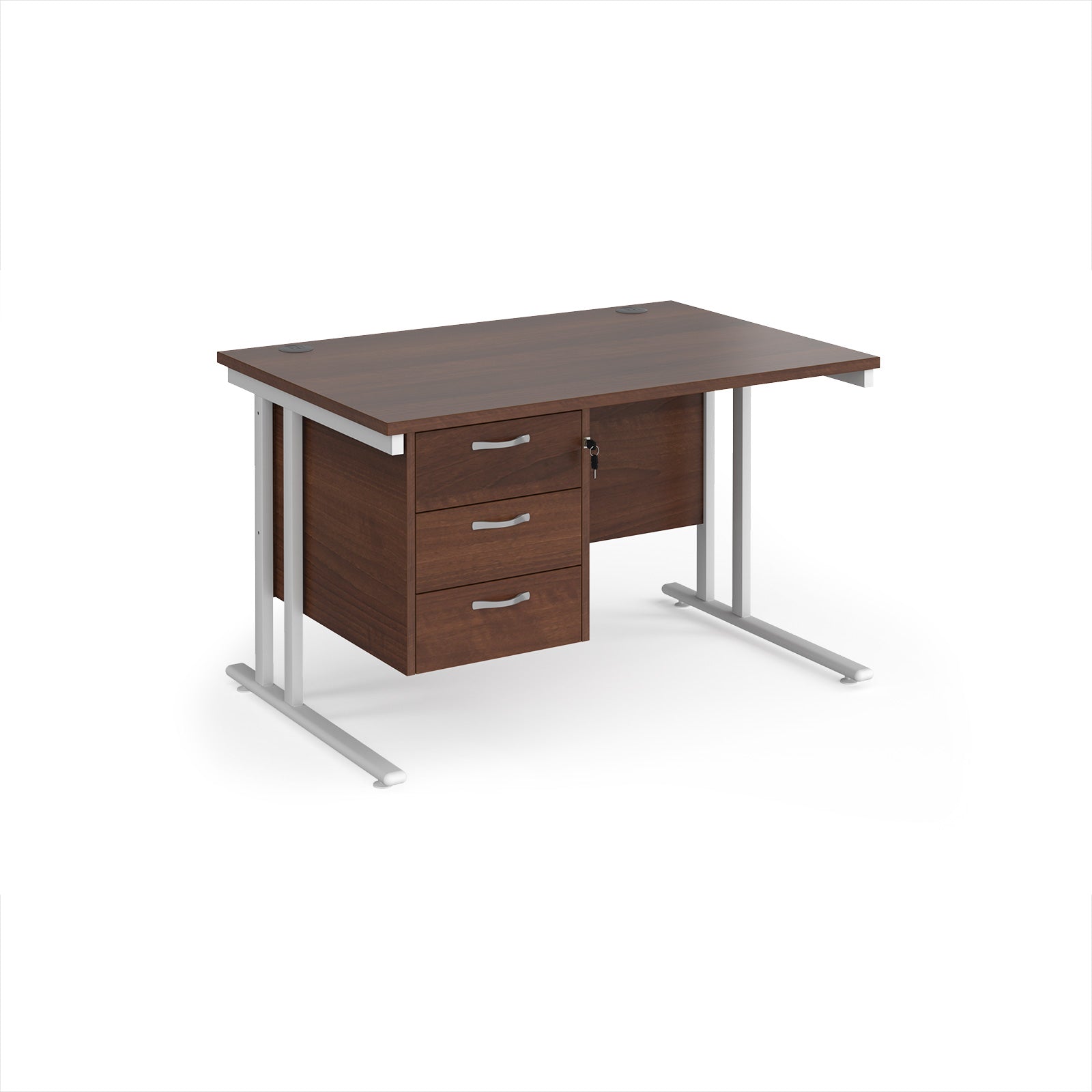 Wooden desk with silver metal legs and fixed pedestal on a white background
