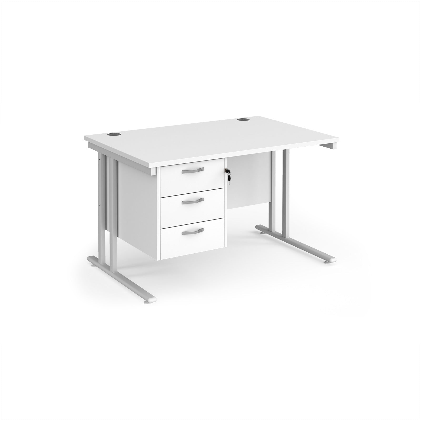 White office desk with three drawers on a white background